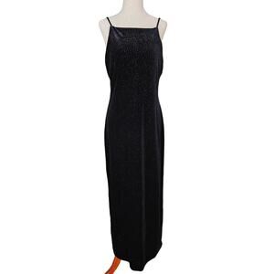 Vintage 90s Black Velvet Velour Maxi Dress Sparkle Long Gown Size 12